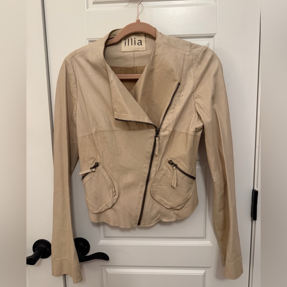 Illia Anthropologie Neutral Beige Leather Zip Front Asymmetric Jacket